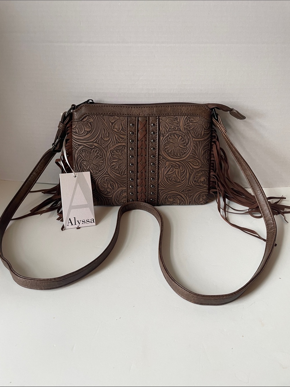 Alyssa Brown Tooled Faux Leather Crossbody Bag with Fringe NWT